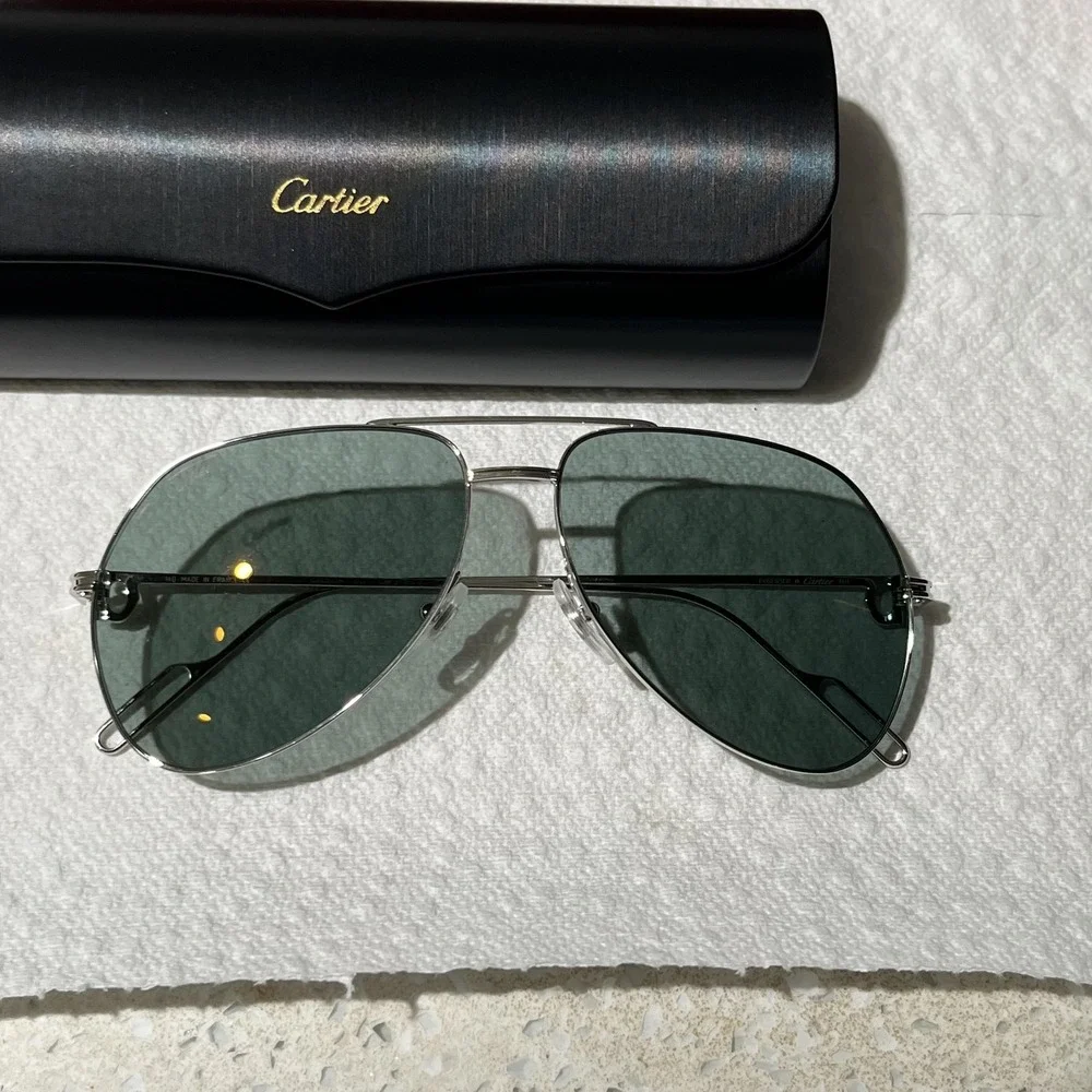 Cartier Sunglasses Mens Silver Green Aviator Metal C361 89FR Made In France